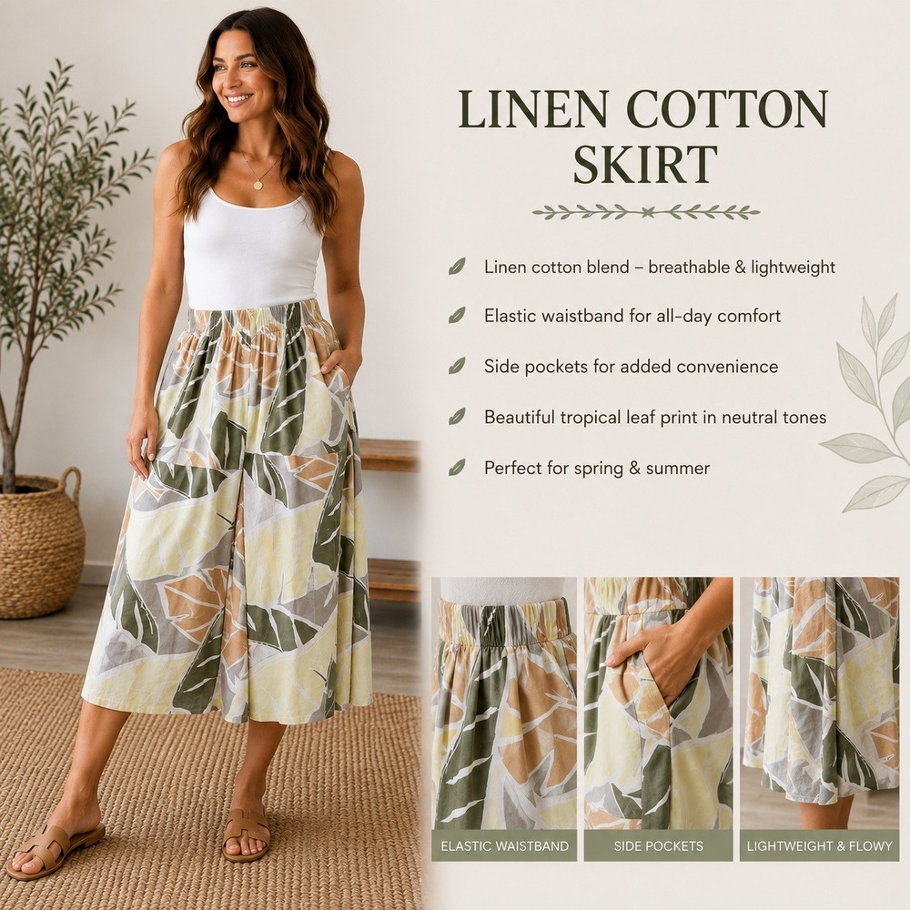 Condor Skirt Tropical Leaf Print Linen Cotton Blend Boho Midi Green Tan Size M